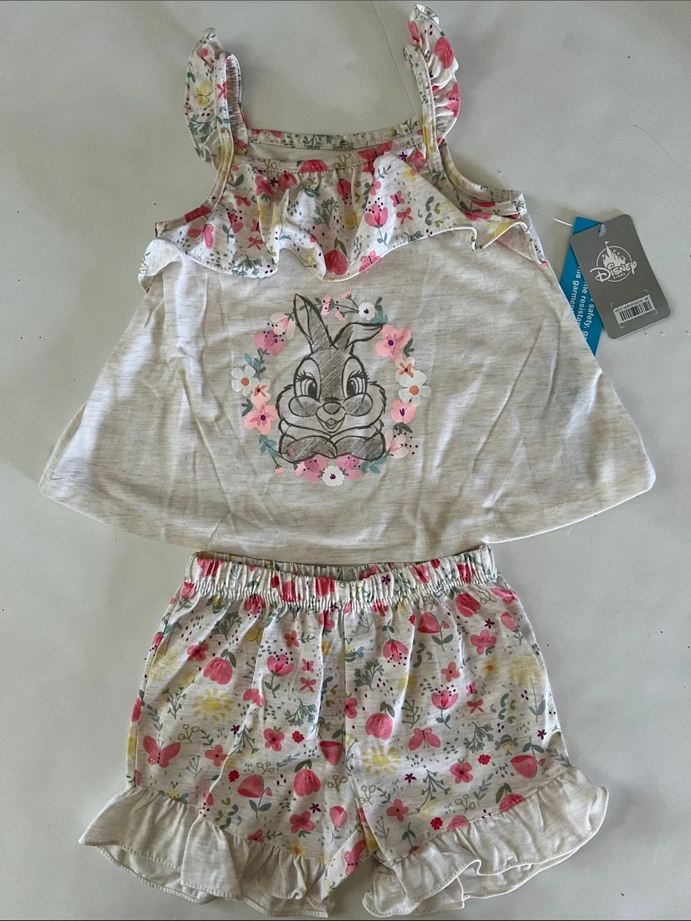 Disney Beige Floral Bunny Pajama Set with Pink and Green Accents